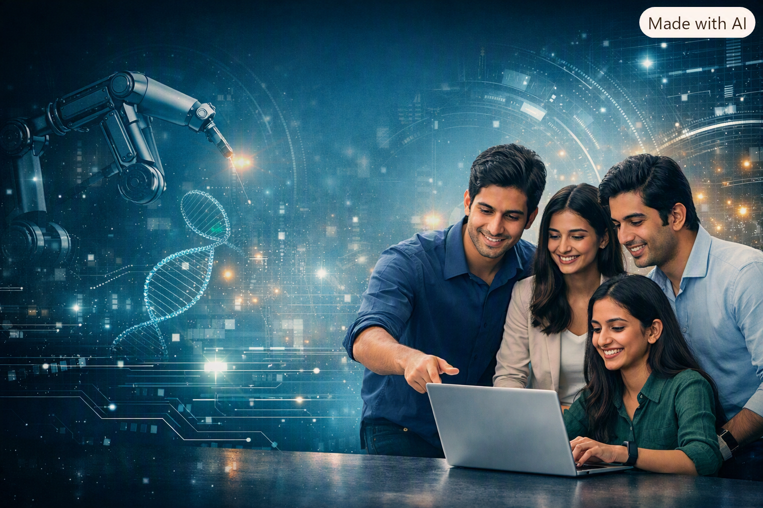Faculty and students exploring AI and engineering technologies